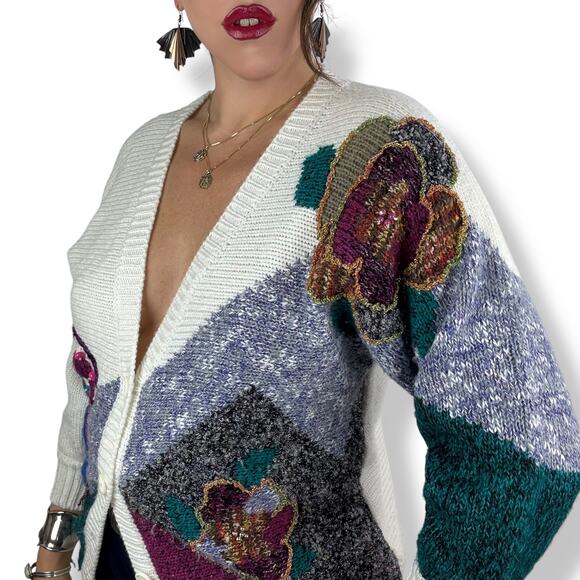 80's JACLYN SMITH funk knit cardigan sweater with metallic thread and beads - Picture 1 of 17